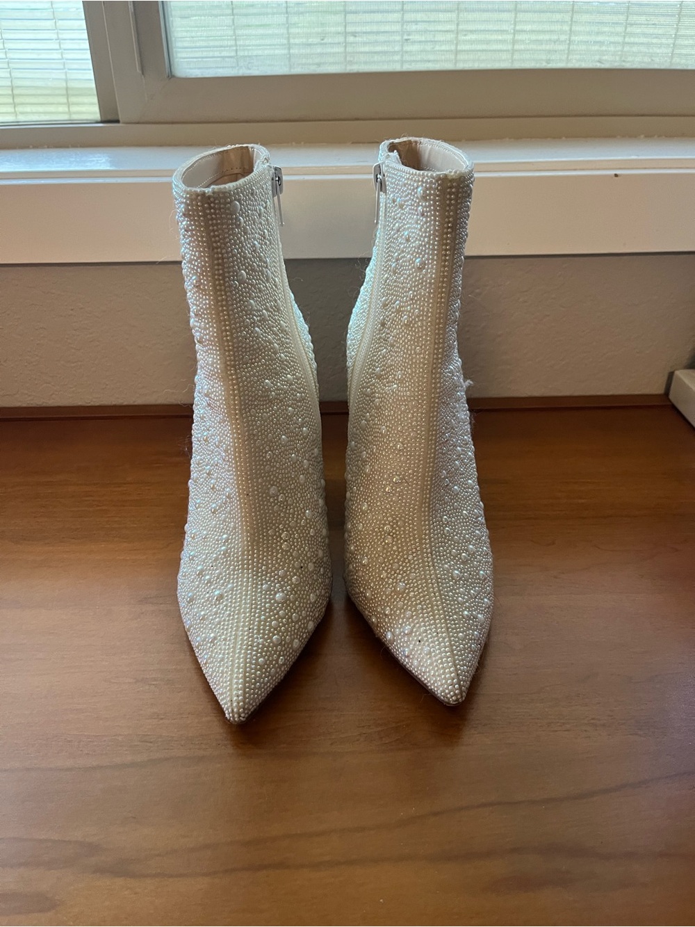 White Pearl-Embellished Pointed Toe Women's Ankle Boots